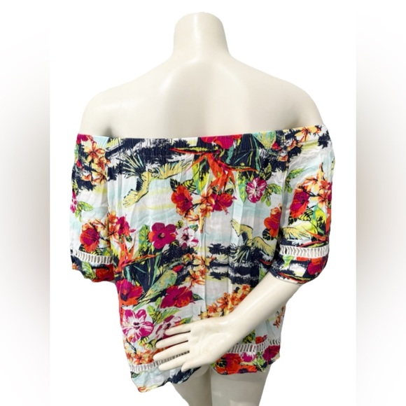 Westbound Petites PM Off Shoulder Floral Tropical Boho Peasant Blouse Top FLAW - Picture 3 of 9